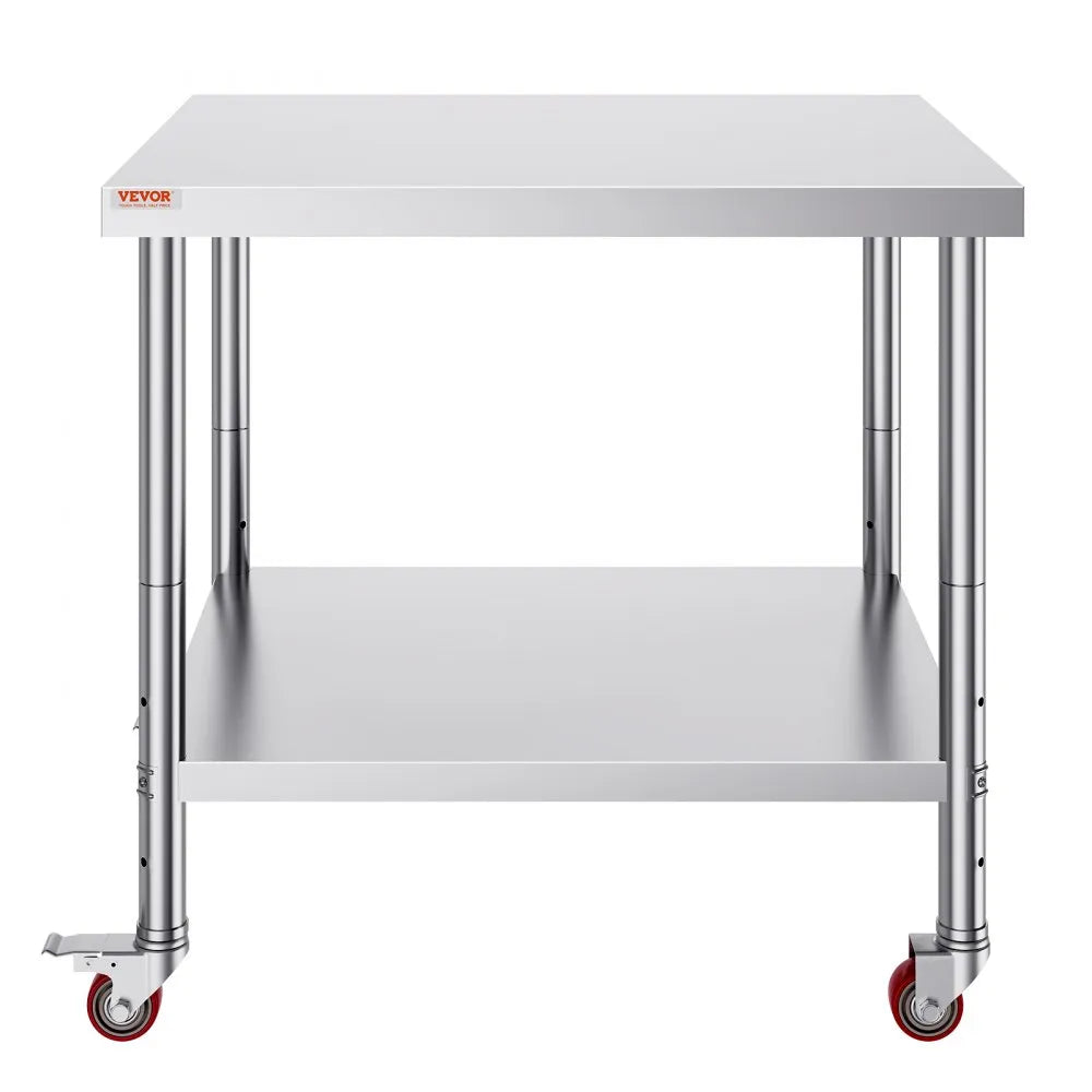 VEVOR Stainless Steel Work Table 36 x 30 x 34 Inch, 700 LBS Load Capacity with 4 Wheels, 3 Adjustable Height Levels, Heavy Duty Food Prep Worktable for Commercial Kitchen Restaurant, Silver