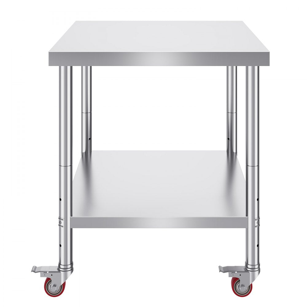 VEVOR Stainless Steel Work Table 36 x 30 x 34 Inch, 700 LBS Load Capacity with 4 Wheels, 3 Adjustable Height Levels, Heavy Duty Food Prep Worktable for Commercial Kitchen Restaurant, Silver