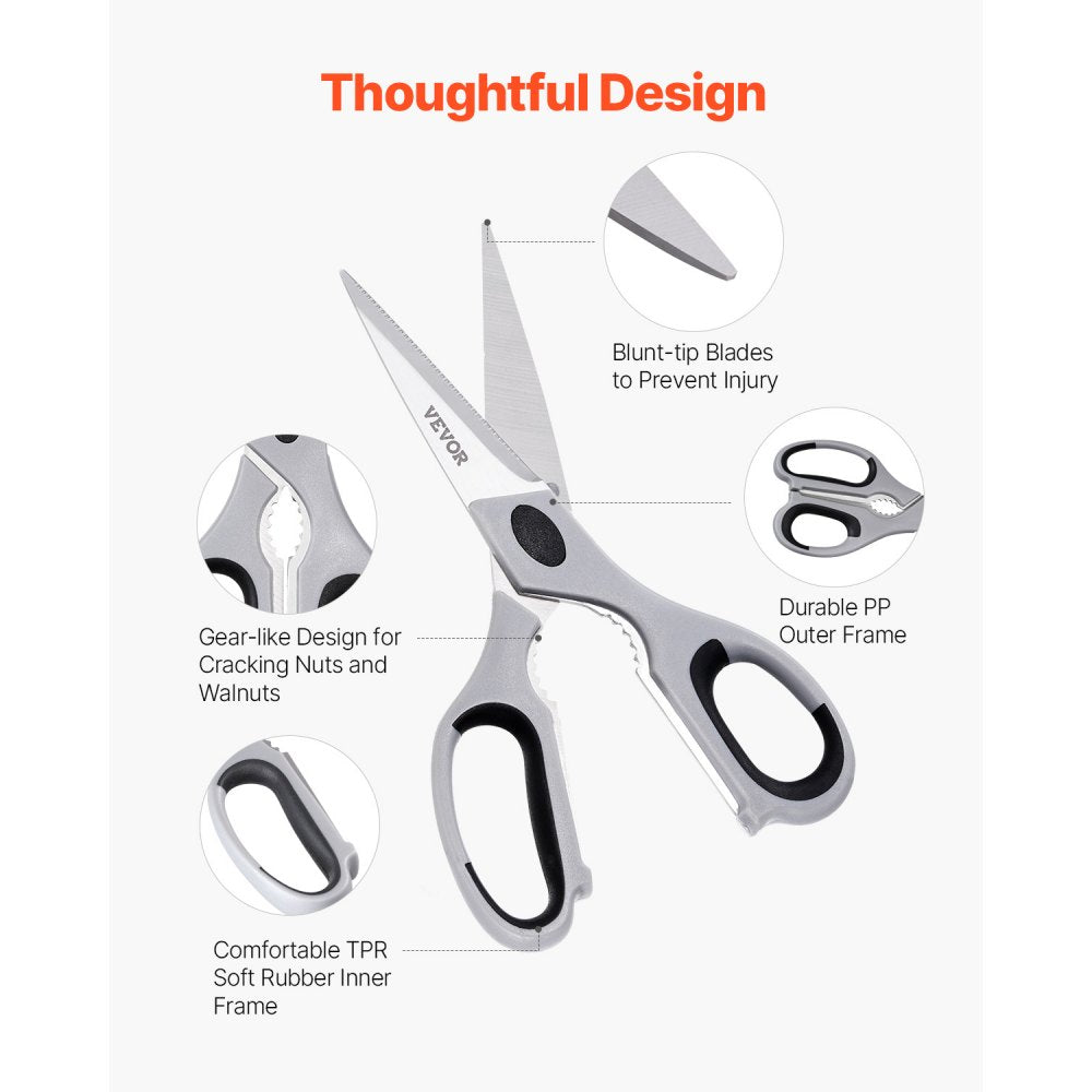 VEVOR Kitchen Scissors, Durable Stainless Steel Kitchen Shears with Protective Sheath, Heavy Duty Cooking Shears Soft Grip Comfort Handle, Kitchen Utensil for Cutting Meat, Food, Fish, Poultry, Grey
