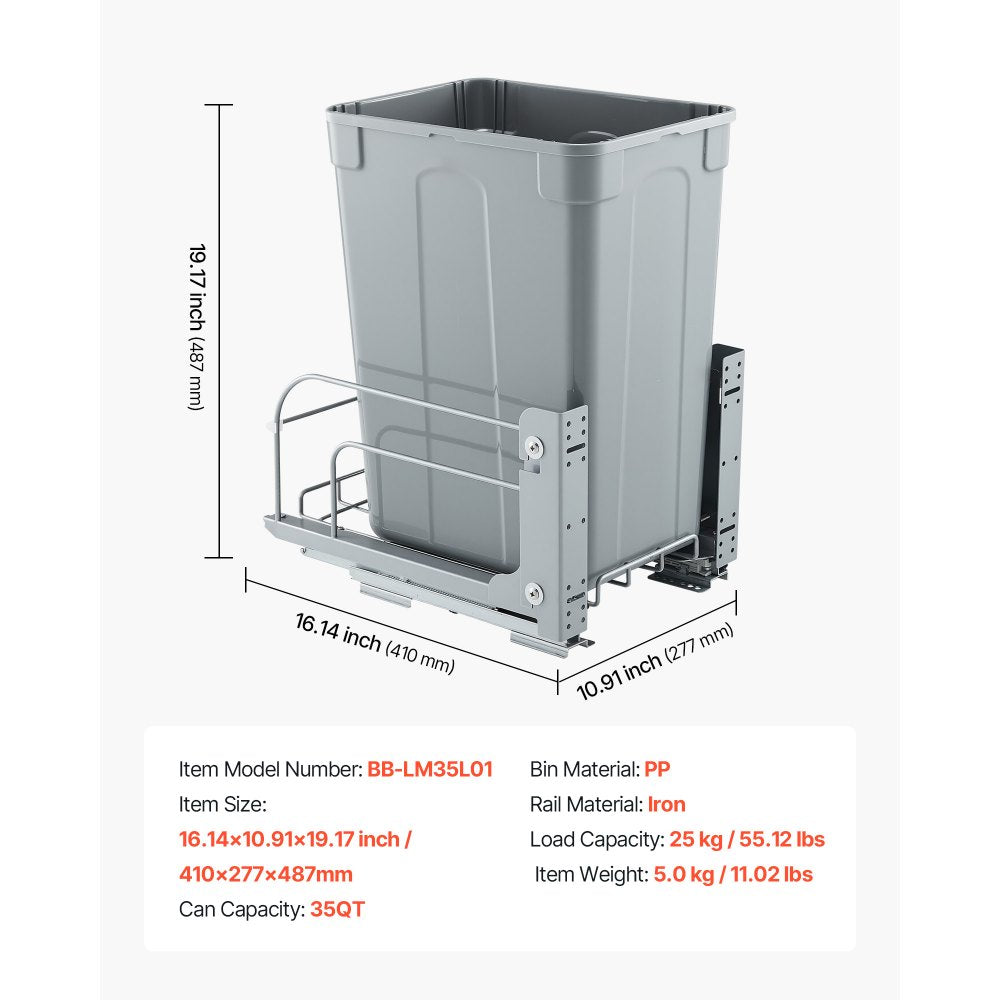 VEVOR Pullout Trash Can for Kitchen Cabinets, 35 QT Garbage Waste Recycling Bin, Under Mount Waste Container, with Heavy Duty Metal Soft Close Sliding System and Door Kit, for Sink, Under Counter