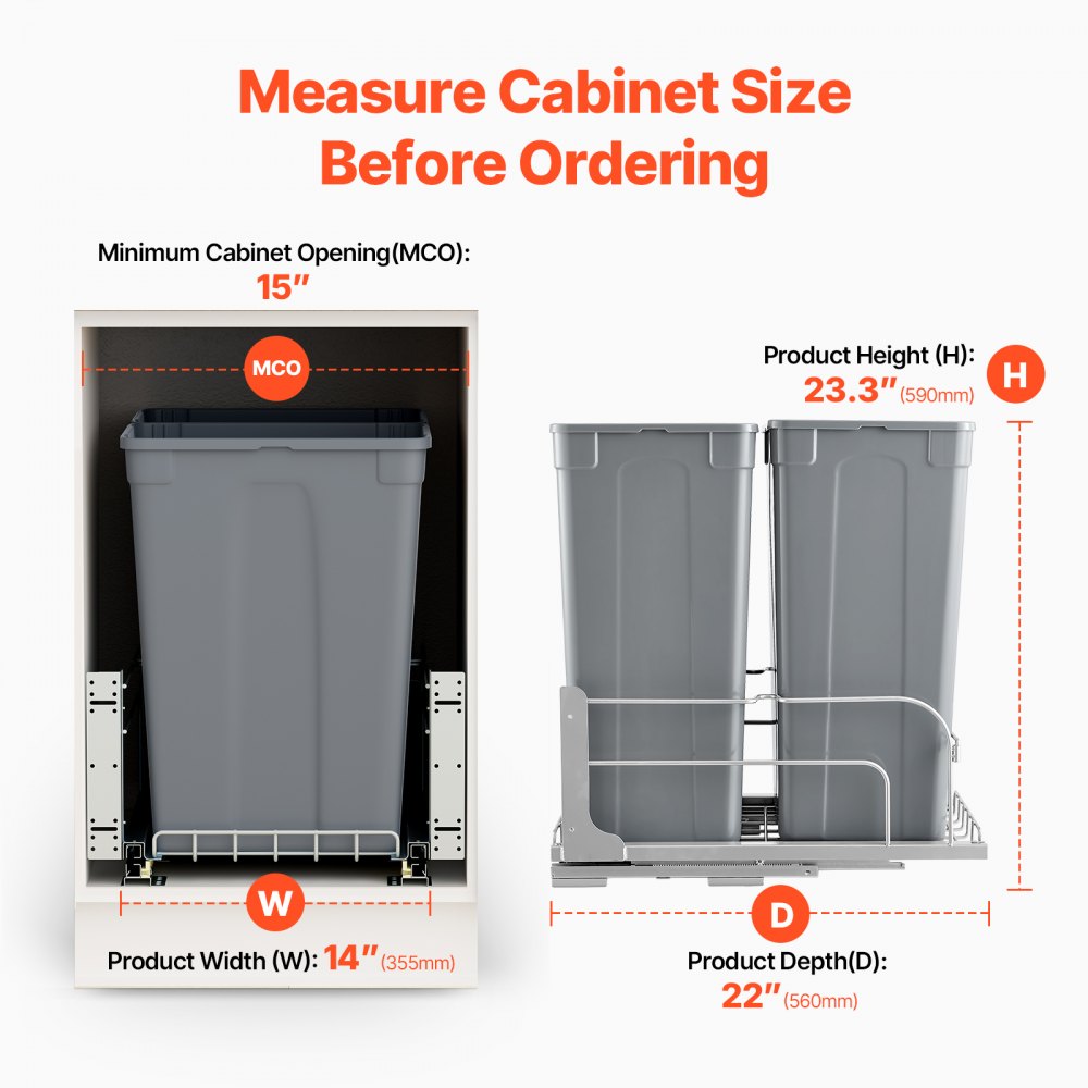 VEVOR Pull-Out Trash Can, 50 QT x2 Double Under Mount Kitchen Waste Container, Heavy Duty Garbage Recycling Bin with Door Kit and Soft Close Slide, for Kitchen Cabinet, Sink, Under Counter (Grey)