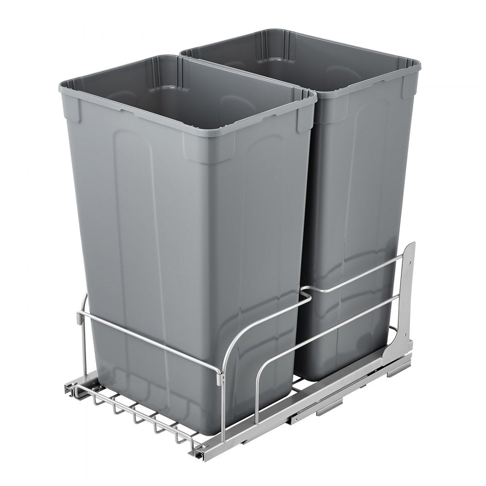 VEVOR Pull-Out Trash Can, 50 QT x2 Double Under Mount Kitchen Waste Container, Heavy Duty Garbage Recycling Bin with Door Kit and Soft Close Slide, for Kitchen Cabinet, Sink, Under Counter (Grey)