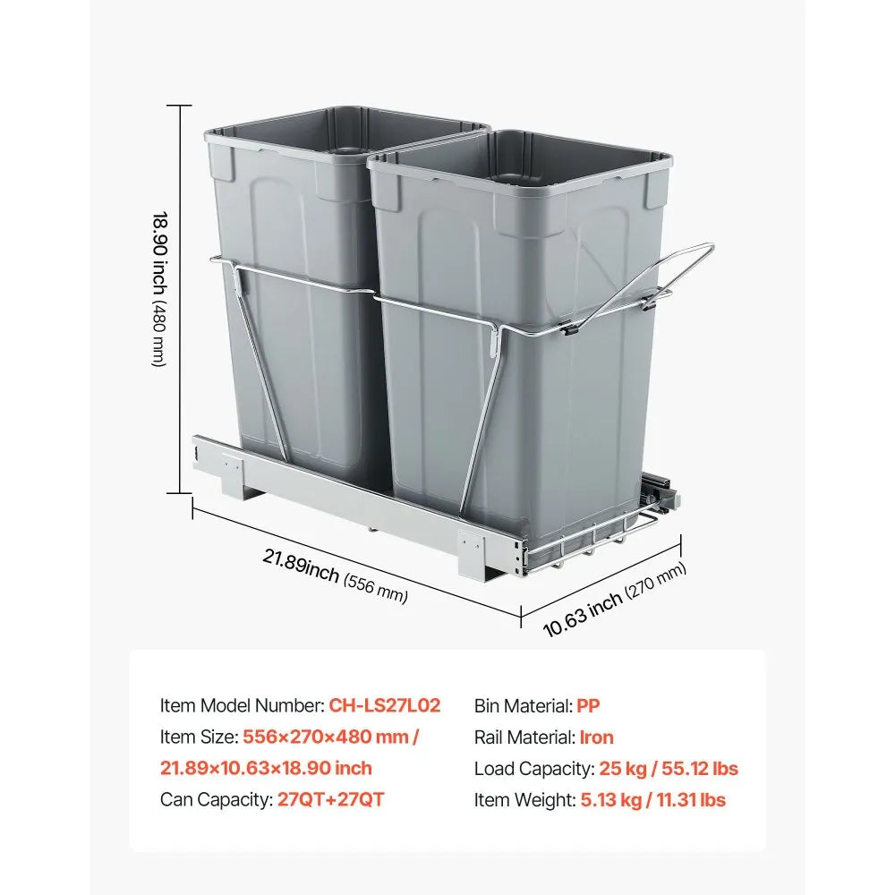 VEVOR Pullout Trash Can for Kitchen Cabinets, 27QTx2 Double Under Sink Garbage Waste Recycling Bin, Under Mount Waste Container, with Heavy Duty Metal Full Extension Sliding System and Handle