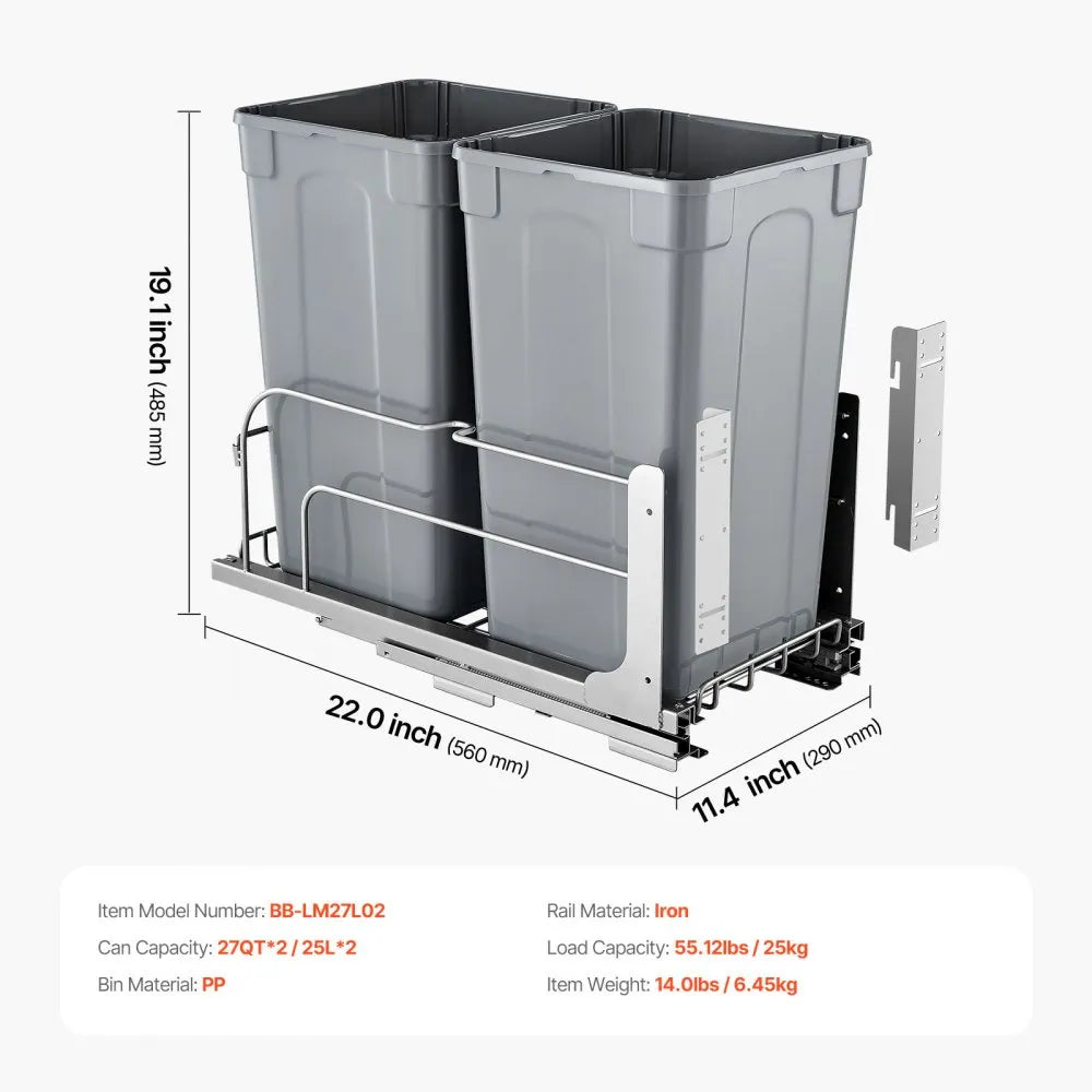 VEVOR Pull-Out Trash Can, 27 QT x2 Double Under Mount Kitchen Waste Container, Heavy Duty Garbage Recycling Bin with Door Kit and Soft Close Slide, for Kitchen Cabinet, Sink, Under Counter (Grey)