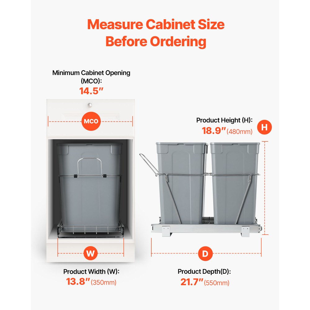 VEVOR Pullout Trash Can for Kitchen Cabinets, 35 QT x2 Double Under Sink Garbage Waste Recycling Bin, Under Mount Waste Container, with Heavy Duty Metal Full Extension Sliding System and Handle