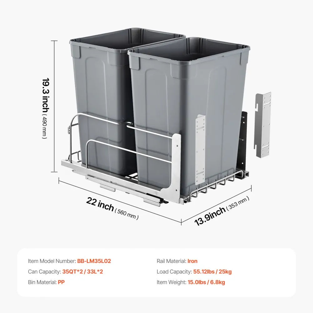 VEVOR Pull-Out Trash Can, 35 QT x2 Double Under Mount Kitchen Waste Container, Heavy Duty Garbage Recycling Bin with Door Kit and Soft Close Slide, for Kitchen Cabinet, Sink, Under Counter (Grey)