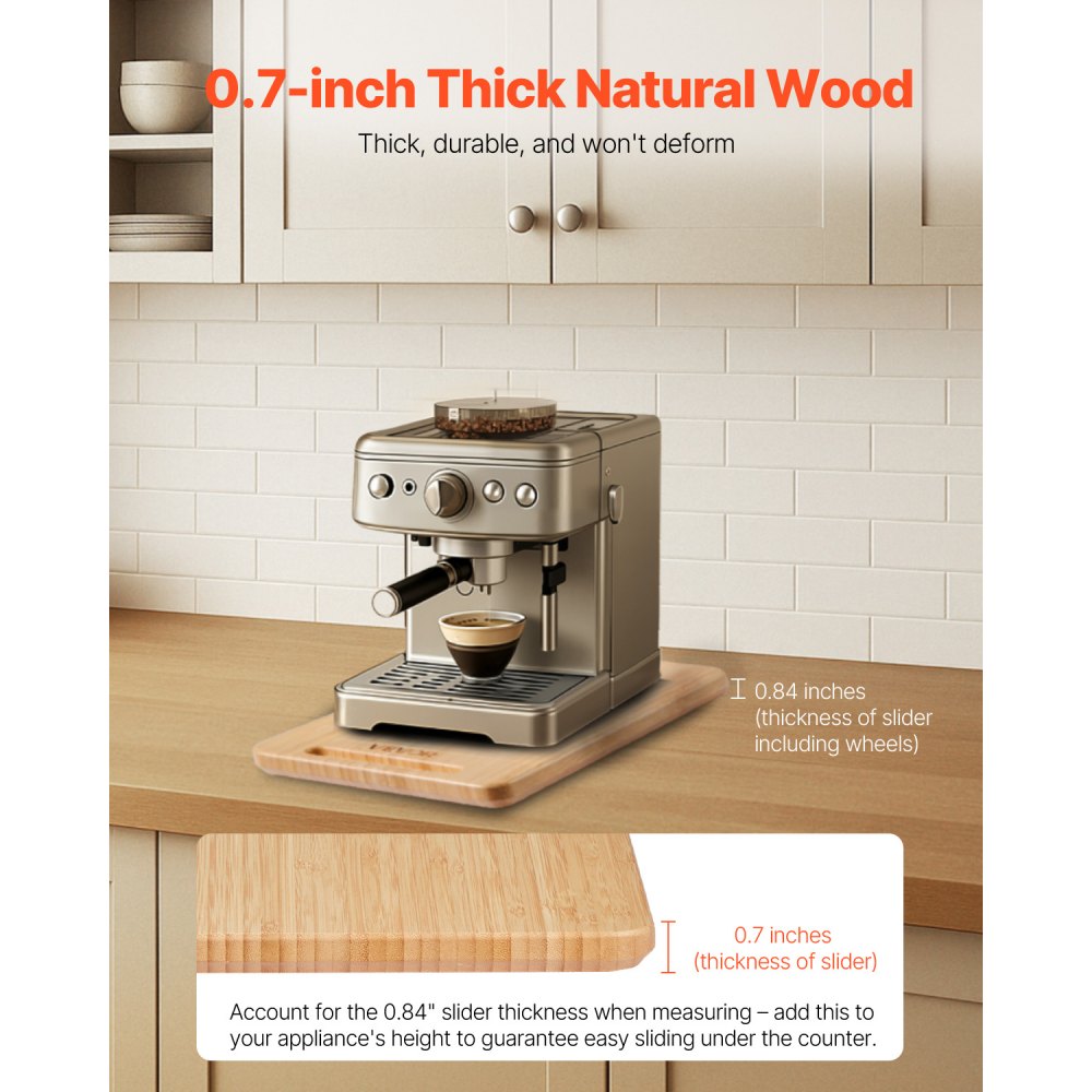 VEVOR Appliance Slider, Large 16 x 12-inch, Rolling Sliding Tray with Rubber Wheels & Hollow Handle, Easy to Clean, Appliance Rolling Tray for Coffee Maker, Kitchen Countertop, Natural Wood