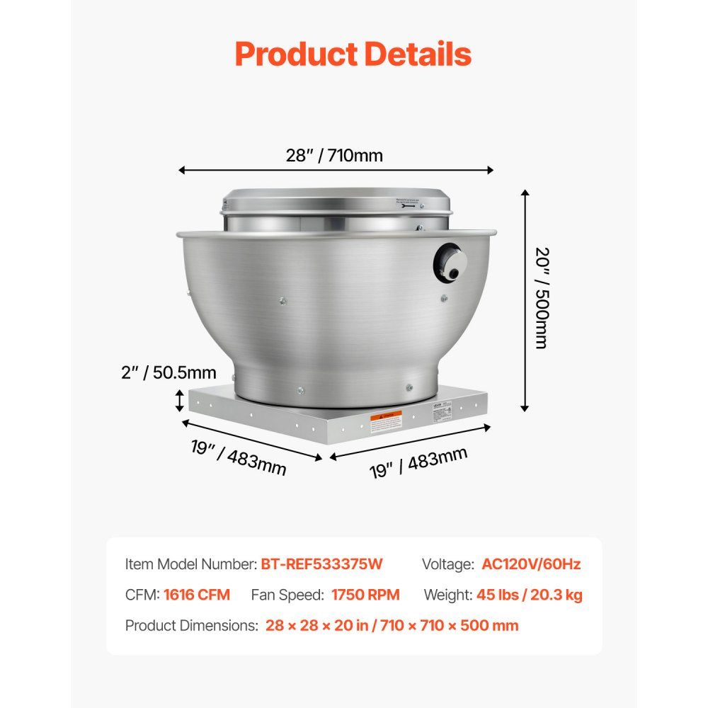 VEVOR Commercial Kitchen Exhaust Fan, 1616 CFM Restaurant Canopy Hood Exhaust Fan, 0.5HP 375W Direct Drive Food Truck Hood Vent, High Speed & Low Noise, for Warehouse, Agriculture