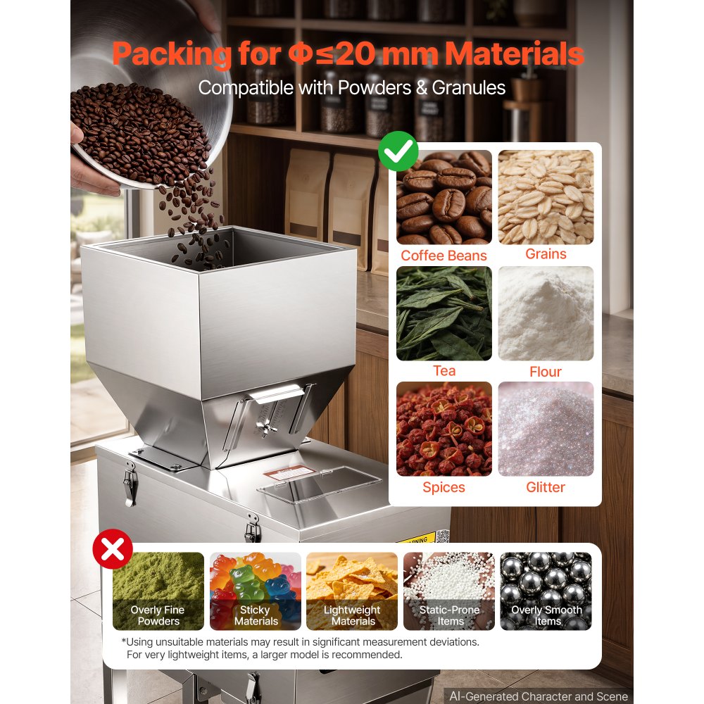 VEVOR Powder Filling Machine, 10-999g (0.02-2.2lbs) Automatic Particle Dispenser, Stainless Steel, Intelligent Weighing Dispensing Filler with Foot Pedal, for Coffee Beans, Grains, Tea, Spices, Silver