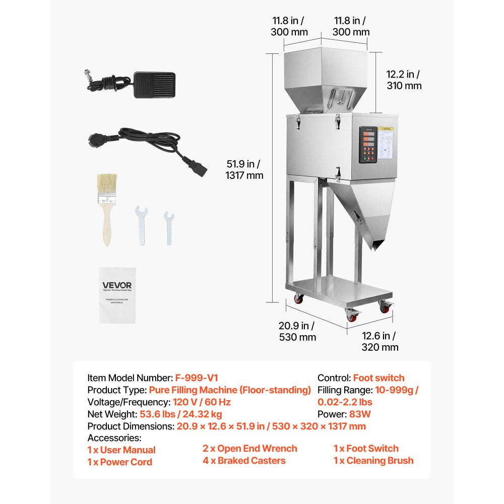 VEVOR Powder Filling Machine, 10-999g (0.02-2.2lbs) Automatic Particle Dispenser, Stainless Steel, Intelligent Weighing Dispensing Filler with Foot Pedal, for Coffee Beans, Grains, Tea, Spices, Silver