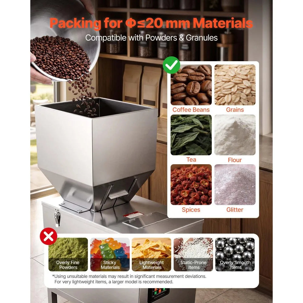 VEVOR Powder Filling Machine, 20-5000g (0.04-11.02lbs) Automatic Particle Dispenser, Stainless Steel, Smart Weighing Dispensing Filler w/ Foot Pedal, for Coffee Beans, Grains, Tea, Spices, Silver