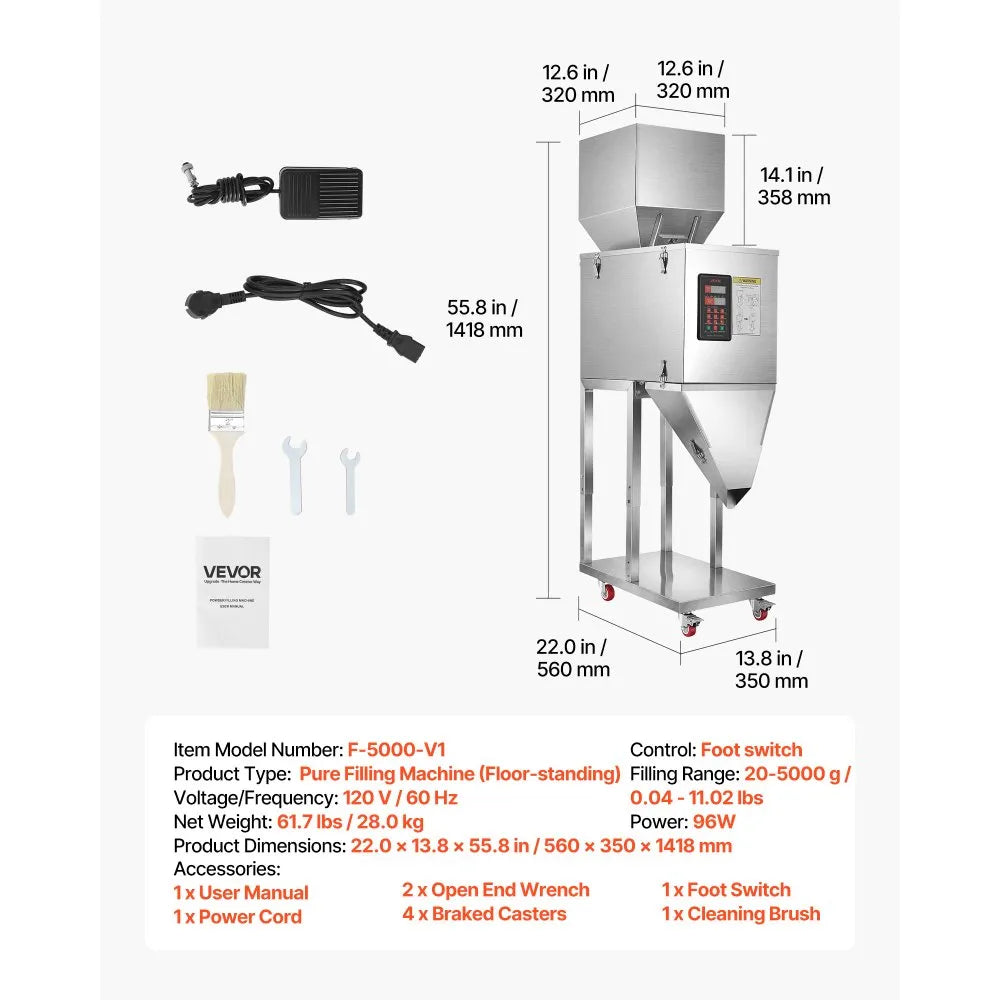 VEVOR Powder Filling Machine, 20-5000g (0.04-11.02lbs) Automatic Particle Dispenser, Stainless Steel, Smart Weighing Dispensing Filler w/ Foot Pedal, for Coffee Beans, Grains, Tea, Spices, Silver
