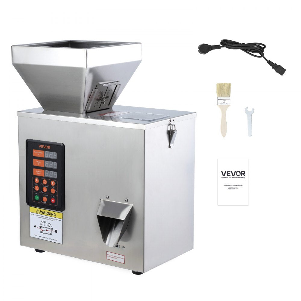VEVOR Powder Filling Machine, 1-99.9g (0.002-0.22lbs) Automatic Particle Dispenser, High Accuracy, Stainless Steel, Intelligent Weighing Dispensing Filler for Coffee Beans, Grains, Tea, Spices, Silver