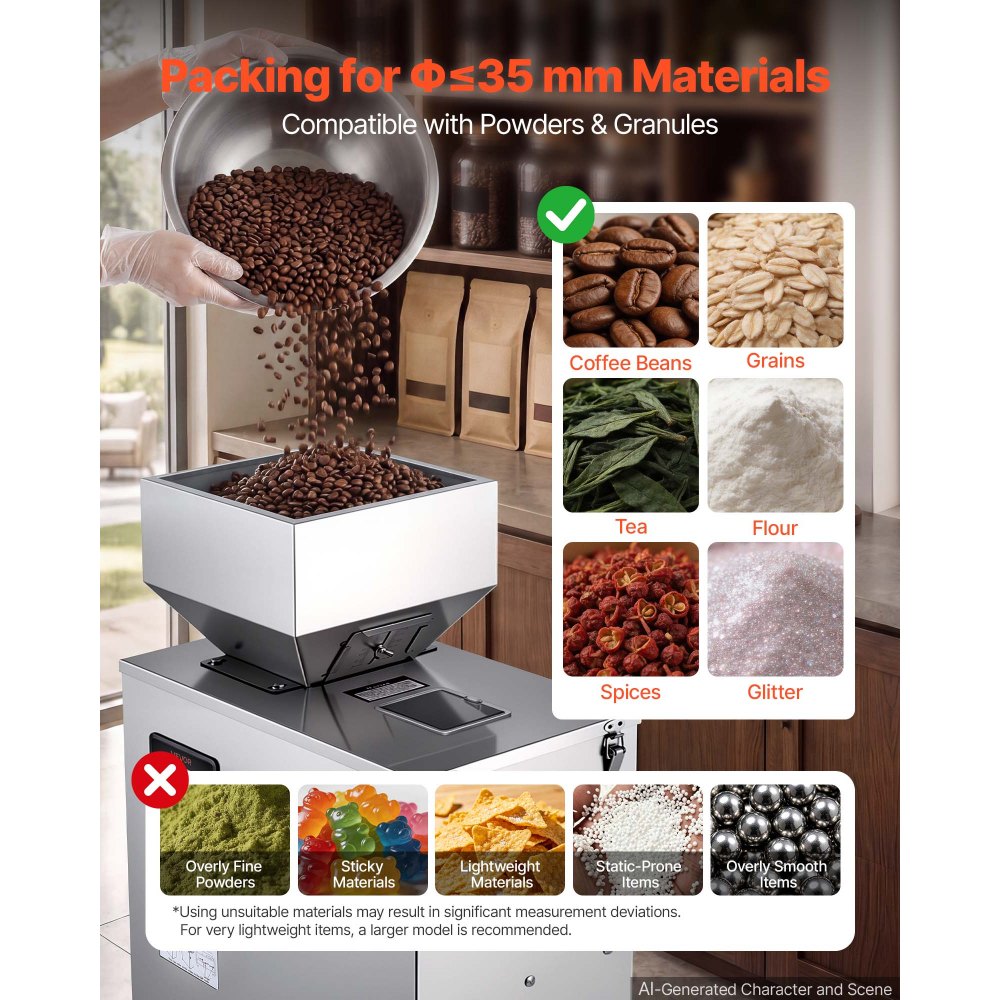 VEVOR Powder Filling Machine, 10-500g (0.02-1.1lbs) Automatic Particle Dispenser, High Accuracy, Stainless Steel, Intelligent Weighing Dispensing Filler for Coffee Beans, Grains, Tea, Spices, Silver