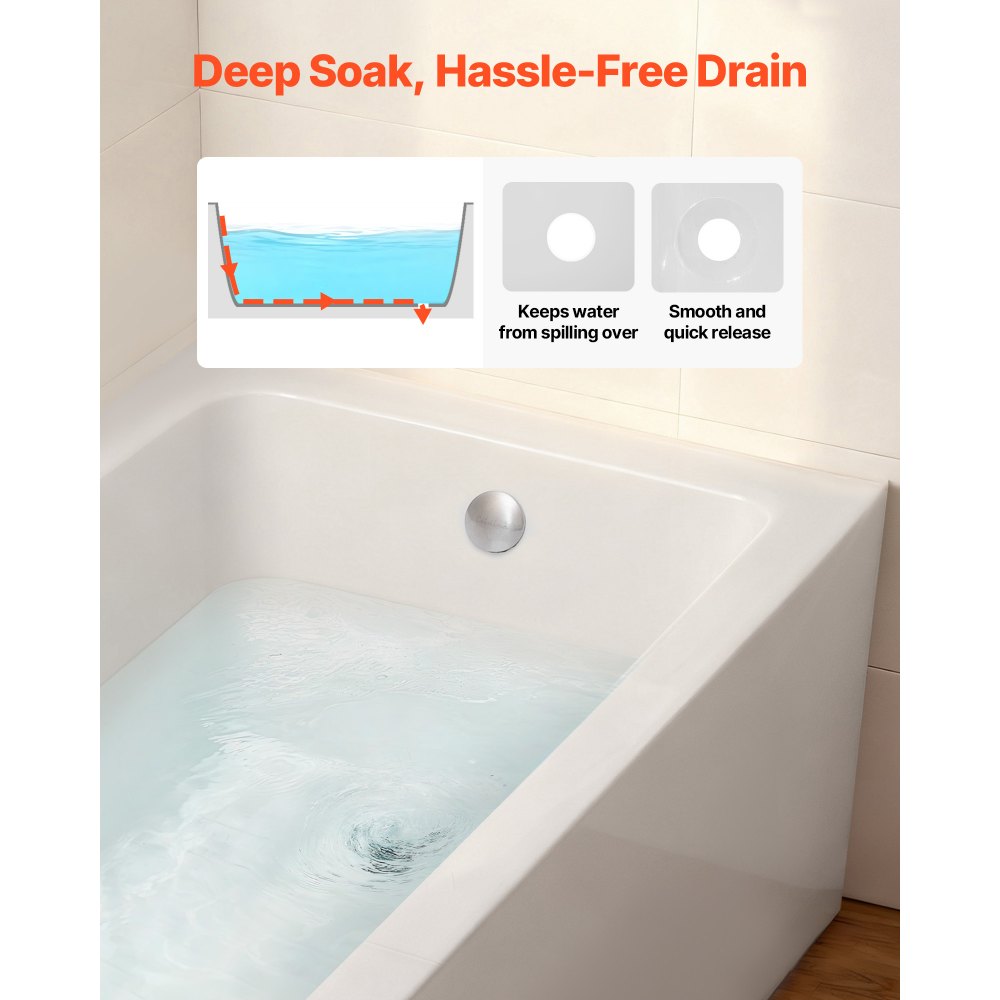 VEVOR Alcove Bathtub, 60" x 30" Contemporary Alcove Acrylic Bathtub, Soaking Bath Tub with Right Hand Drain and Overflow Hole, Large Rectangular Deep Soak Tub for Bathroom with Integral Flange, White