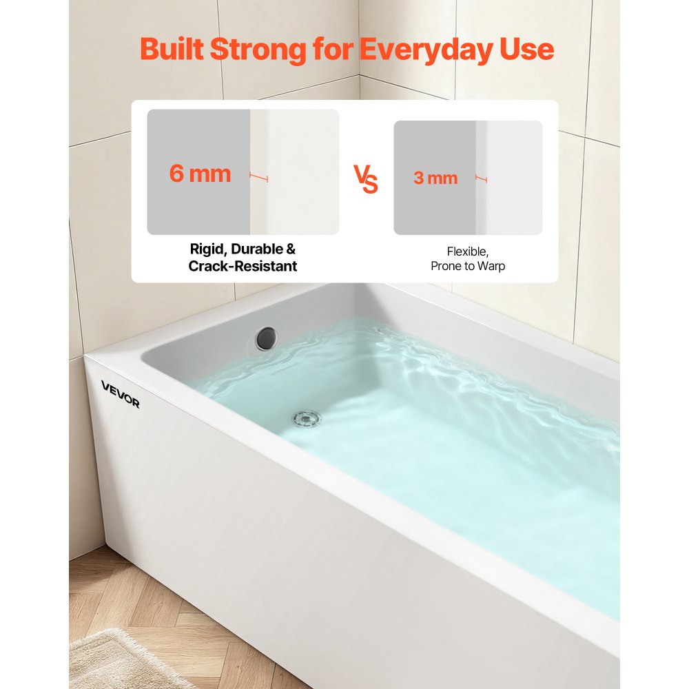 VEVOR Alcove Bathtub, 60" x 30" Contemporary Alcove Acrylic Bathtub, Soaking Bath Tub with Left Hand Drain and Overflow Hole, Large Rectangular Deep Soak Tub for Bathroom with Integral Flange, White