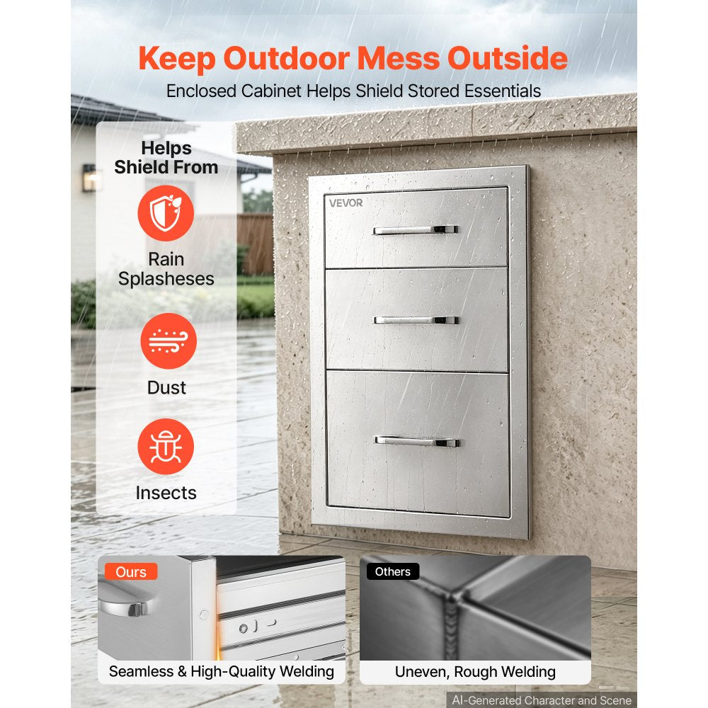 VEVOR Outdoor Kitchen Drawers, 21"W x 22"H x 14"D, 3-Tier Storage Access, for BBQ Island Storage, Patio Bars and Grill Station, with Handle, Built-In BBQ Island Drawers Organize Cookware Accessories