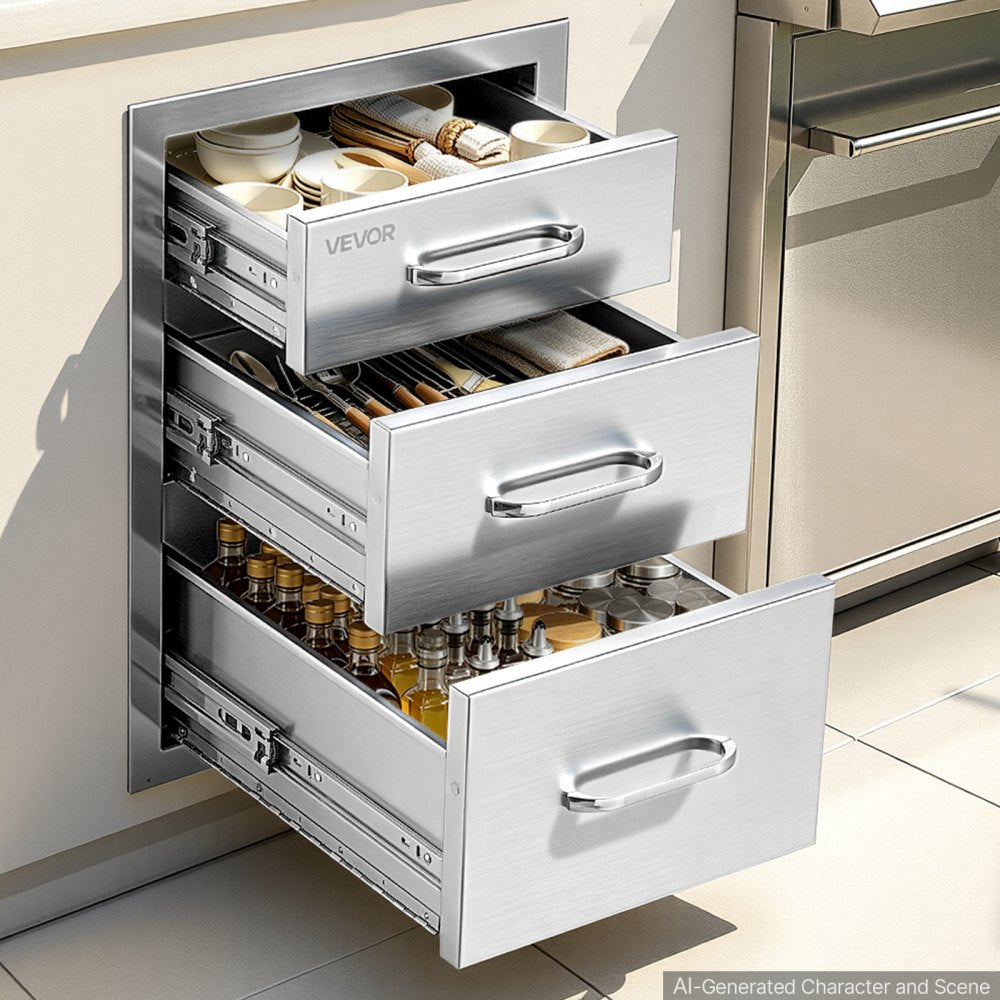 VEVOR Outdoor Kitchen Drawers, 21"W x 22"H x 14"D, 3-Tier Storage Access, for BBQ Island Storage, Patio Bars and Grill Station, with Handle, Built-In BBQ Island Drawers Organize Cookware Accessories