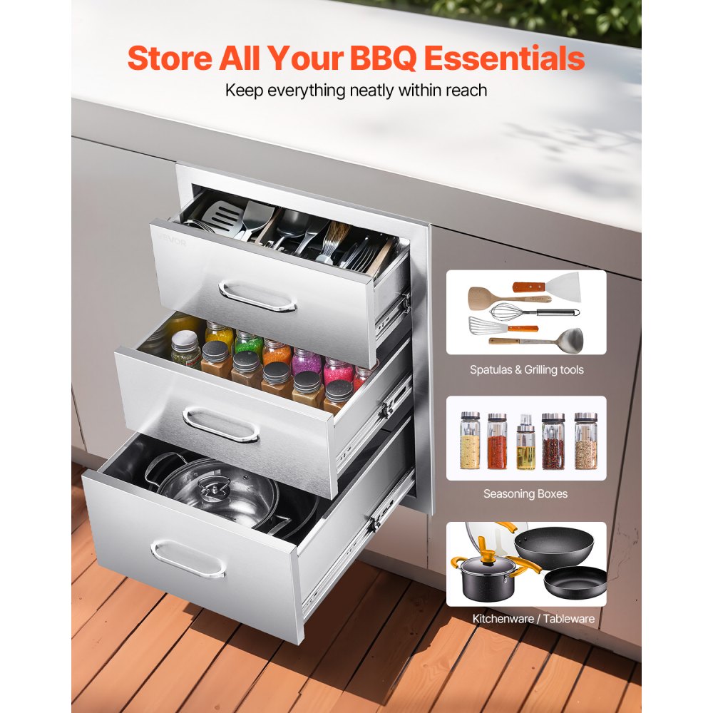 VEVOR Outdoor Kitchen Drawers 18.11" W x 23.23" D x 23.23" H, Triple-Access Stainless Steel Modular Drawer Cabinet with Handles, BBQ Island Drawer for Outdoor Kitchen or BBQ Island Patio Grill Station