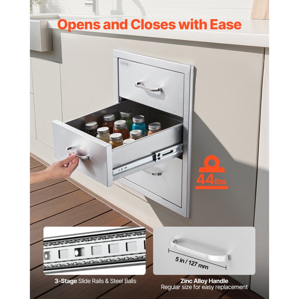 VEVOR Outdoor Kitchen Drawers 18.11"W x 23.23"D x 23.23"H, Triple-Access Stainless Steel BBQ Drawers with Handles, BBQ Island Drawer for Outdoor Kitchens or Barbeque Island Patio Grill Station