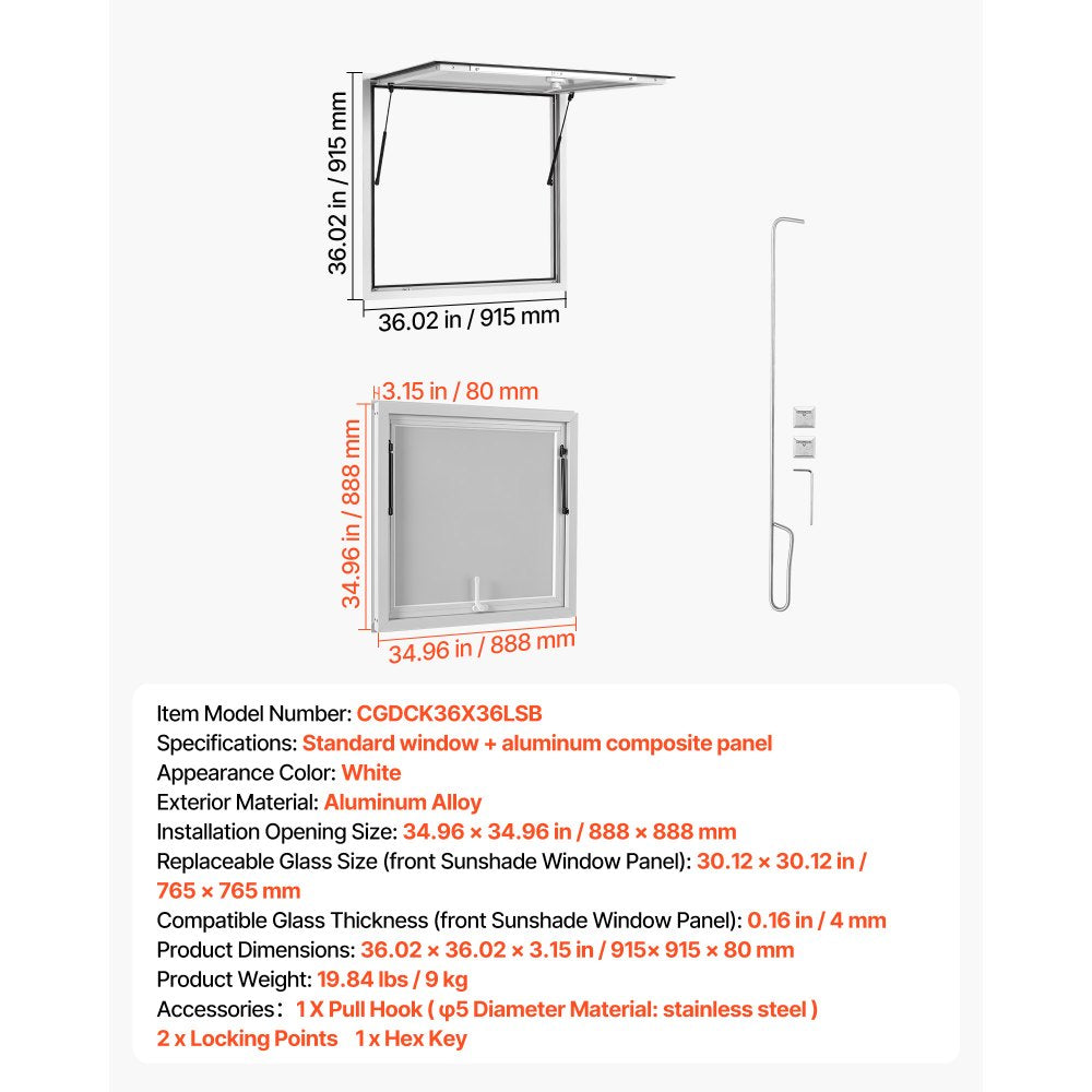 VEVOR Concession Window 36x36 in Aluminum Alloy Frame Service Window, for Food Truck, Up to 85 Degrees Stand Serving with Awning Door and Drag Hook, Rainwater Resistant for Concession Trailer