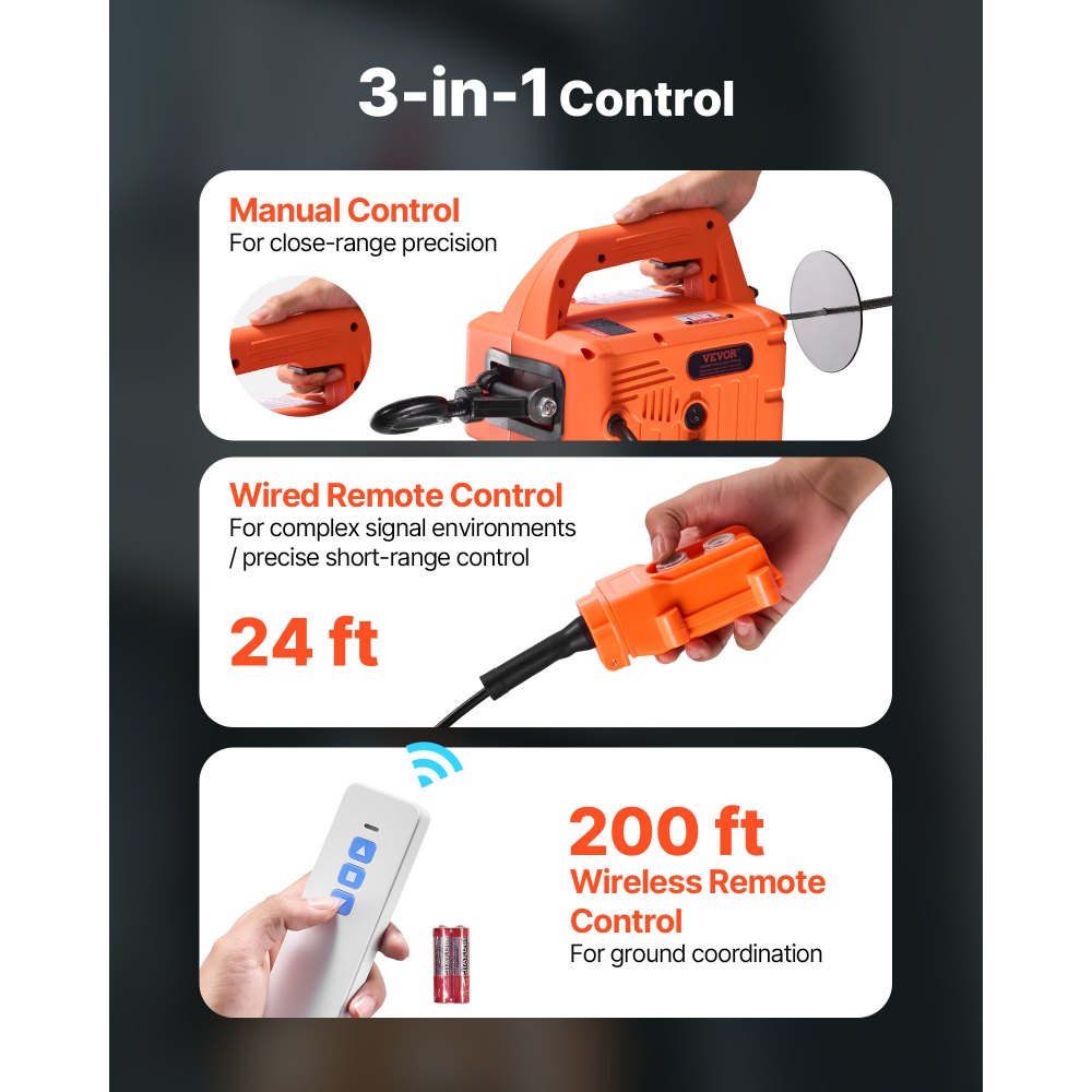 VEVOR 3-in-1 Electric Hoist Winch, 1550 lbs Capacity, 1500W Portable Power Winch Crane, 25 ft Lifting Height, 16.4 ft/min with Manual, Wired and Wireless Remote Control for Factory, Warehouss, Garage