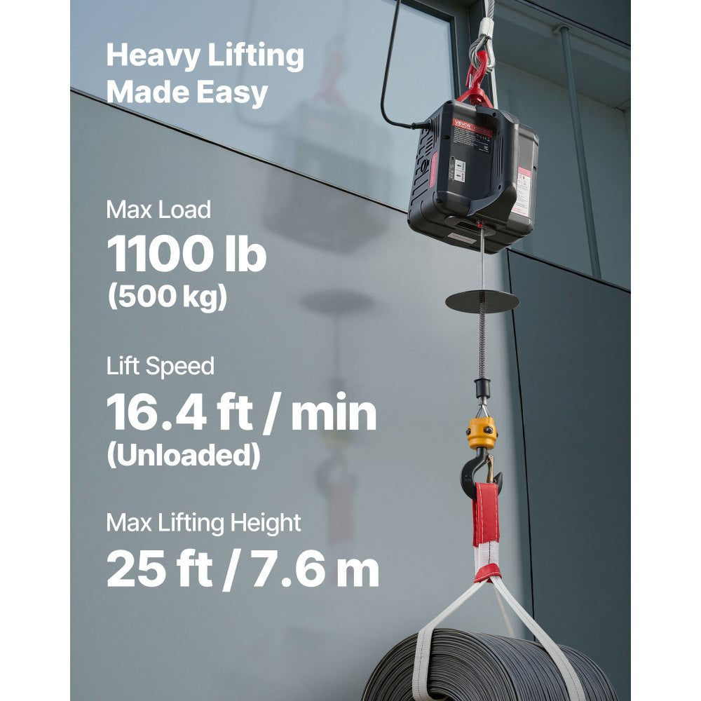 VEVOR 2-in-1 Electric Hoist Winch, 1100 lbs Capacity, 1500W Portable Power Winch Crane, 25 ft Lifting Height, 16.4 ft/min with Manual and Wireless Remote Control for Factory, Warehouss, Garage