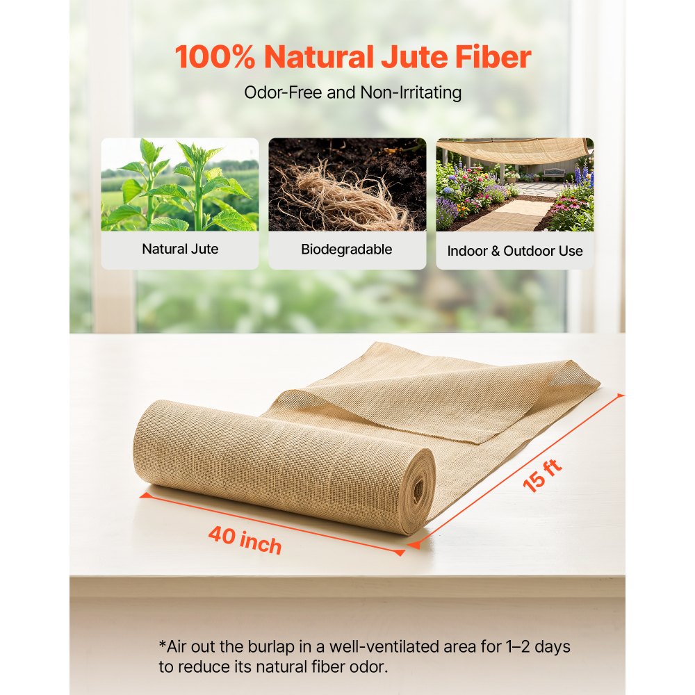 VEVOR Burlap Fabric Roll 40"x15ft High Density Multipurpose Natural Jute, for Outdoor Plant Cover, Tree Wrap, Garden Fabric, DIY Crafts, Gardening, Weed Barrier, Landscaping Cloth, Rustic Party Decor