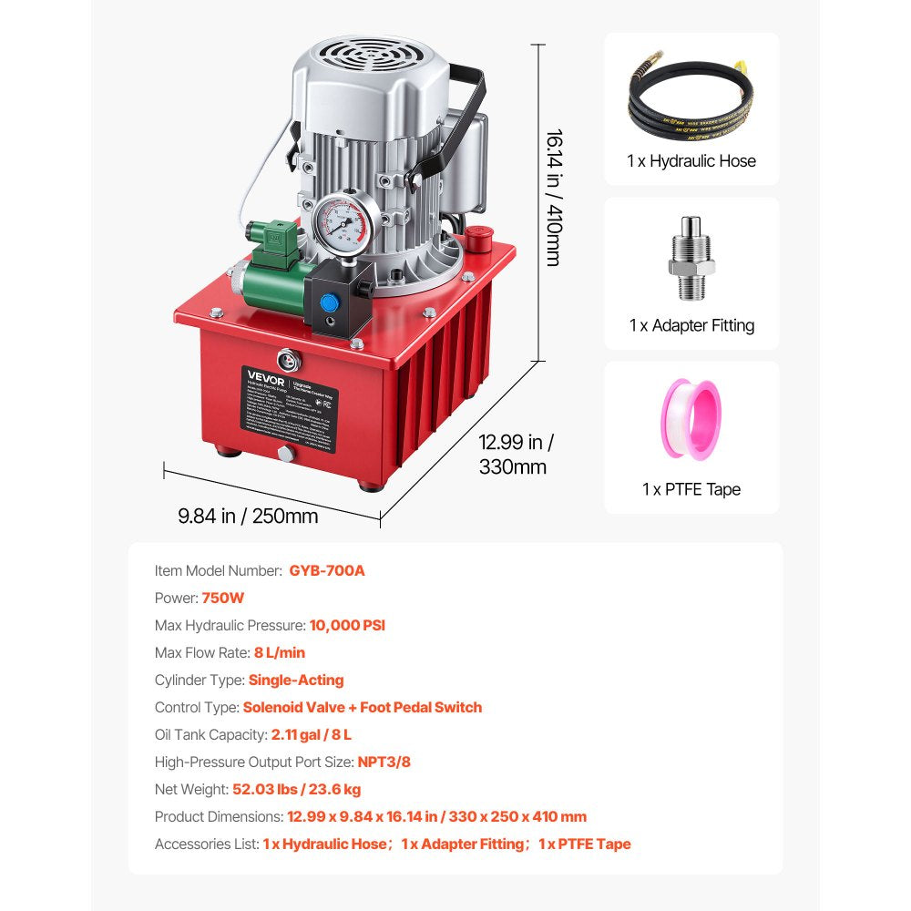 VEVOR Electric Driven Hydraulic Pump, 750W 10,000 PSI, 120V Single Acting Hydraulic Pump Power Pack Unit, Solenoid Valve with Pedal Switch, 2.1 Gal / 8L, for Punching, Bending, Single Acting Cylinders