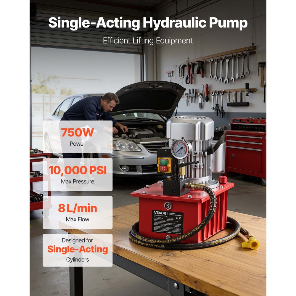 VEVOR Electric Hydraulic Pump, 750W 10,000 PSI, 120V Single Acting Electric Driven Hydraulic Pump Power Pack Unit, with Manual Valve, 2.1 Gallon / 8L, for Punching, Bending, Single Acting Cylinders