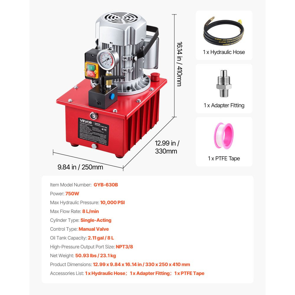 VEVOR Electric Hydraulic Pump, 750W 10,000 PSI, 120V Single Acting Electric Driven Hydraulic Pump Power Pack Unit, with Manual Valve, 2.1 Gallon / 8L, for Punching, Bending, Single Acting Cylinders