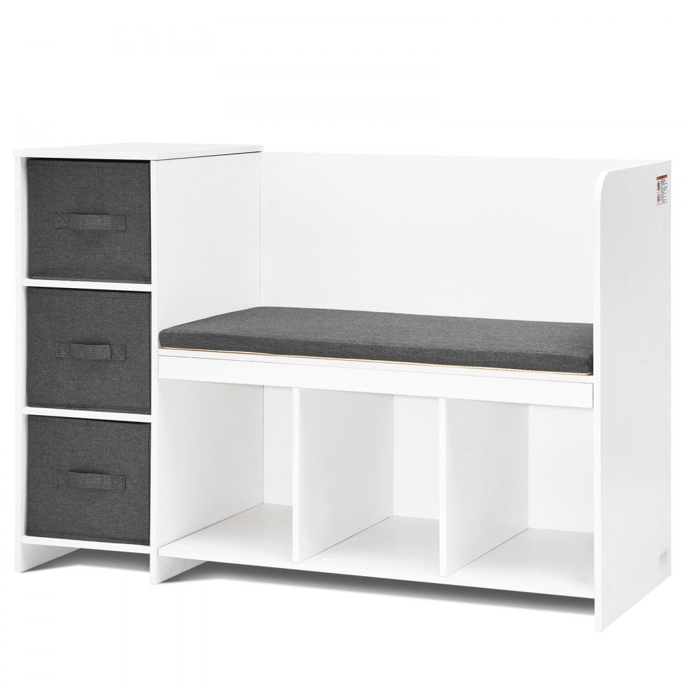 VEVOR Kids Reading Nook Bench, Toddler Bookshelf and Bookcase with Detachable Seat Cushion, 6-Cubby Storage Organizer Bench with 3 Drawers, Ideal for Playroom, Bedroom, Living Room or Entryway, White