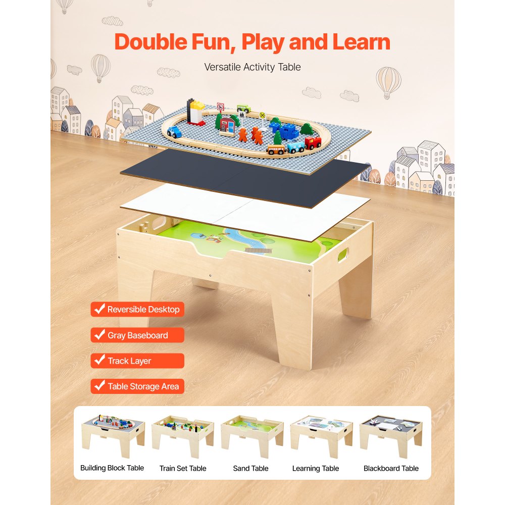 VEVOR Multi-Purpose Activity Play Table, 290 Building Bricks and 30-Piece Wooden Train Set Railway, Vehicles, Tracks and Accessories, Wooden Kids Activity Table with Storage Area for Kids Ages 3+