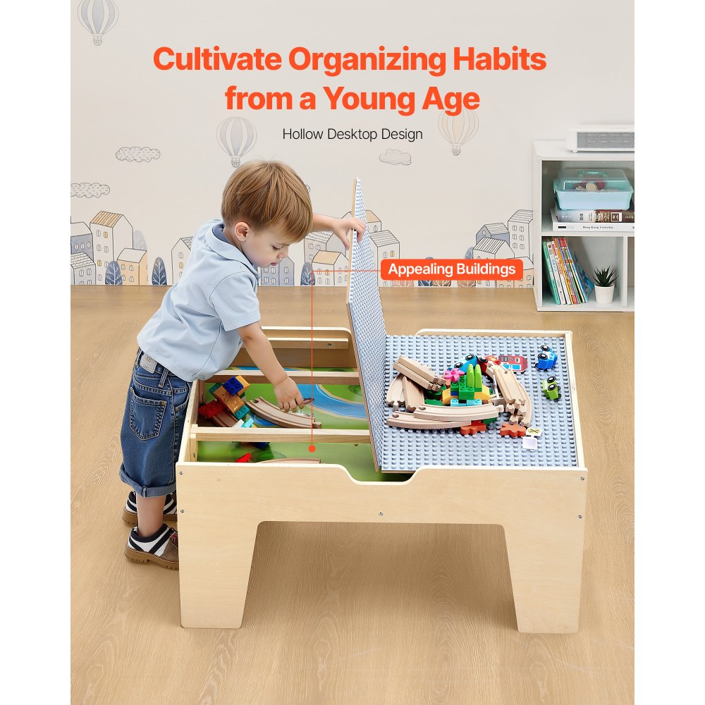 VEVOR Multi-Purpose Activity Play Table, 290 Building Bricks and 30-Piece Wooden Train Set Railway, Vehicles, Tracks and Accessories, Wooden Kids Activity Table with Storage Area for Kids Ages 3+