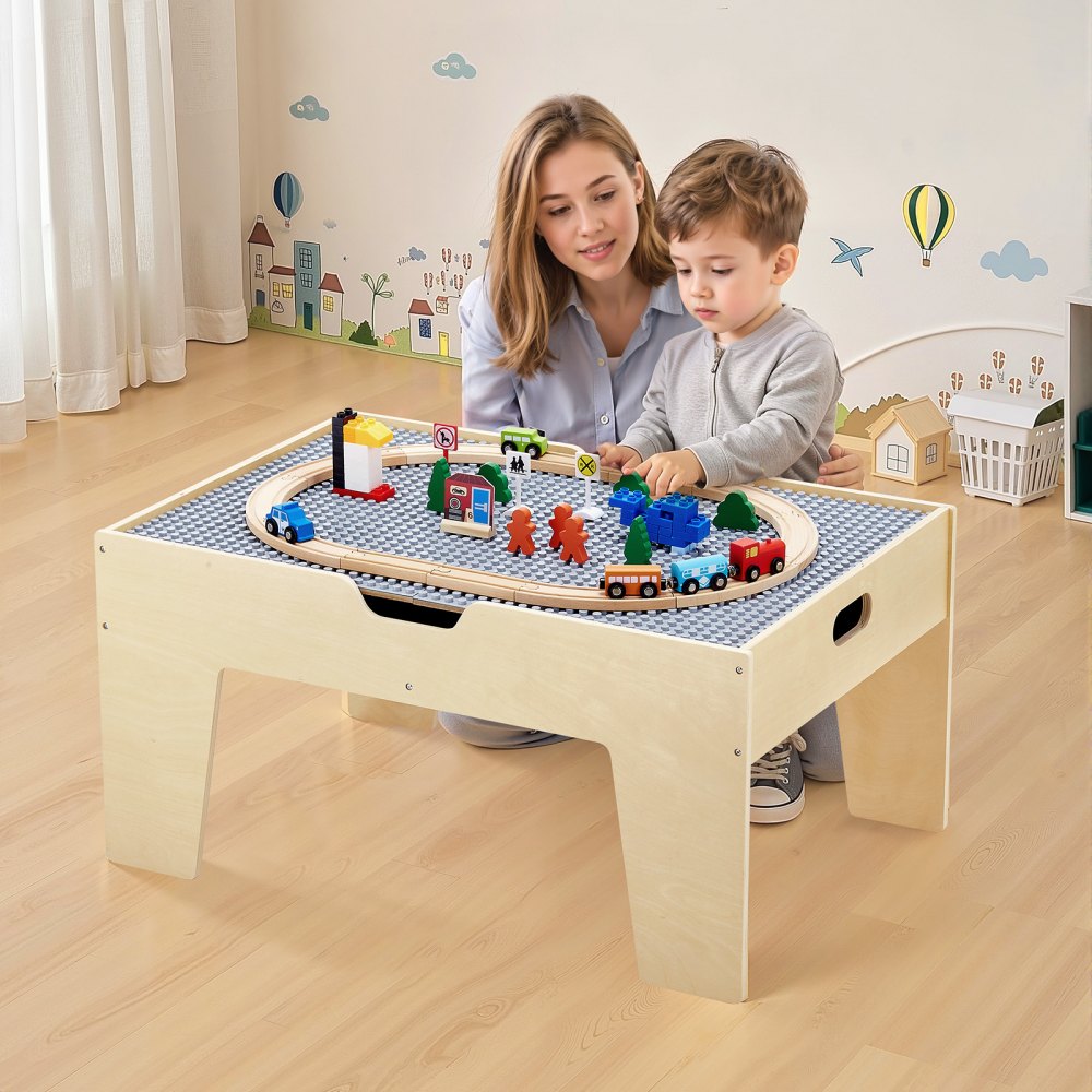 VEVOR Multi-Purpose Activity Play Table, 290 Building Bricks and 30-Piece Wooden Train Set Railway, Vehicles, Tracks and Accessories, Wooden Kids Activity Table with Storage Area for Kids Ages 3+