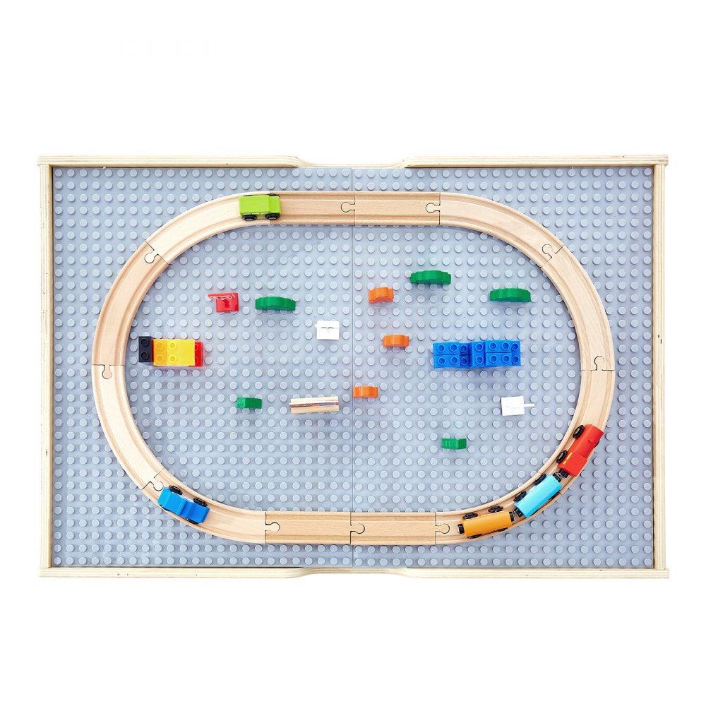 VEVOR Multi-Purpose Activity Play Table, 290 Building Bricks and 30-Piece Wooden Train Set Railway, Vehicles, Tracks and Accessories, Wooden Kids Activity Table with Storage Area for Kids Ages 3+