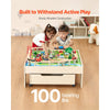 VEVOR Train Table, 100 Multicolor Pieces Wooden Kids Activity Table with Rolling Storage Drawer, 3-in-1 Wooden Train Set for Gaming, Drawing, Reading, Eating, Creative Toy Set for Kids Ages 3+