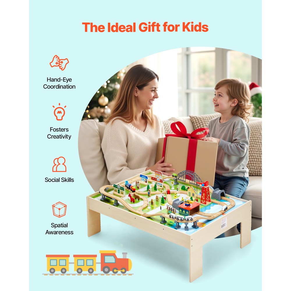 VEVOR Train Table, 120 Multicolor Pieces Wooden Kids Activity Table with Collapsible Storage Bin, 3-in-1 Wooden Train Set for Gaming, Drawing, Reading, Eating, Creative Toy Set for Kids Ages 3+