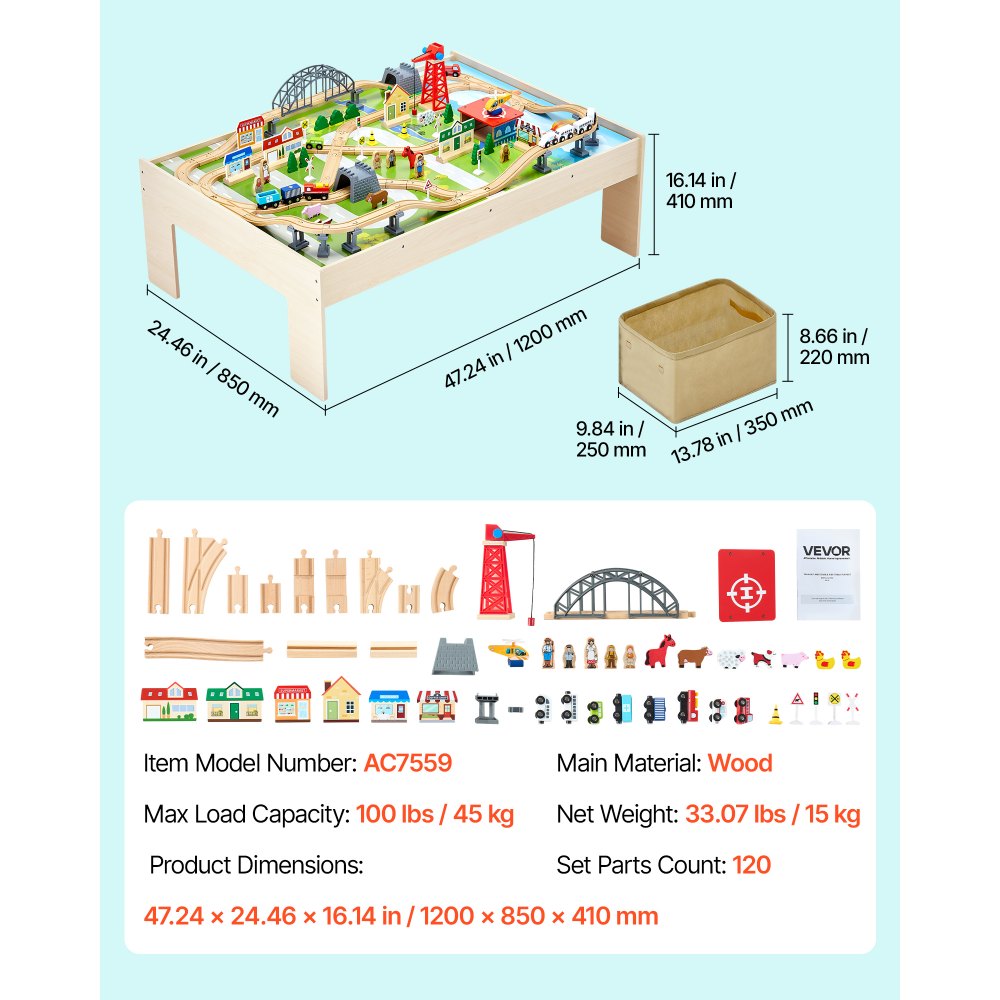 VEVOR Train Table, 120 Multicolor Pieces Wooden Kids Activity Table with Collapsible Storage Bin, 3-in-1 Wooden Train Set for Gaming, Drawing, Reading, Eating, Creative Toy Set for Kids Ages 3+