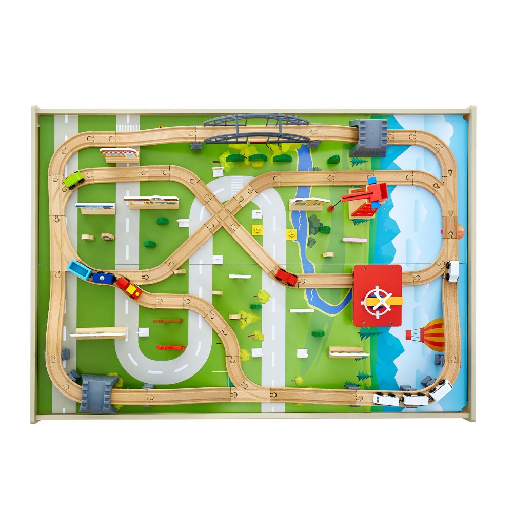 VEVOR Train Table, 120 Multicolor Pieces Wooden Kids Activity Table with Collapsible Storage Bin, 3-in-1 Wooden Train Set for Gaming, Drawing, Reading, Eating, Creative Toy Set for Kids Ages 3+