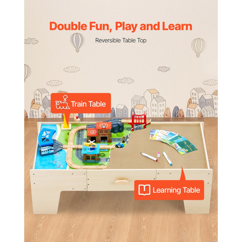 VEVOR Train Table, 62 Multicolor Pieces Wooden Kids Activity Table with Large Storage Drawer, 3-in-1 Wooden Train Set for Playing, Drawing, Reading, Eating, Creative Toy Set for Kids Ages 3+