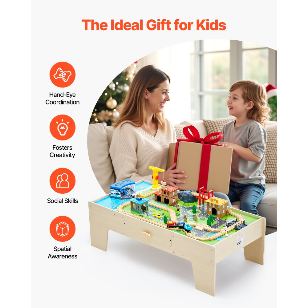 VEVOR Train Table, 62 Multicolor Pieces Wooden Kids Activity Table with Large Storage Drawer, 3-in-1 Wooden Train Set for Playing, Drawing, Reading, Eating, Creative Toy Set for Kids Ages 3+