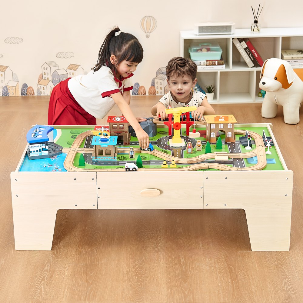 VEVOR Train Table, 62 Multicolor Pieces Wooden Kids Activity Table with Large Storage Drawer, 3-in-1 Wooden Train Set for Playing, Drawing, Reading, Eating, Creative Toy Set for Kids Ages 3+