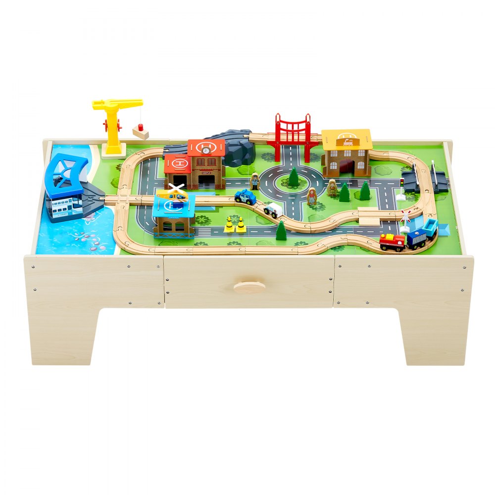 VEVOR Train Table, 62 Multicolor Pieces Wooden Kids Activity Table with Large Storage Drawer, 3-in-1 Wooden Train Set for Playing, Drawing, Reading, Eating, Creative Toy Set for Kids Ages 3+