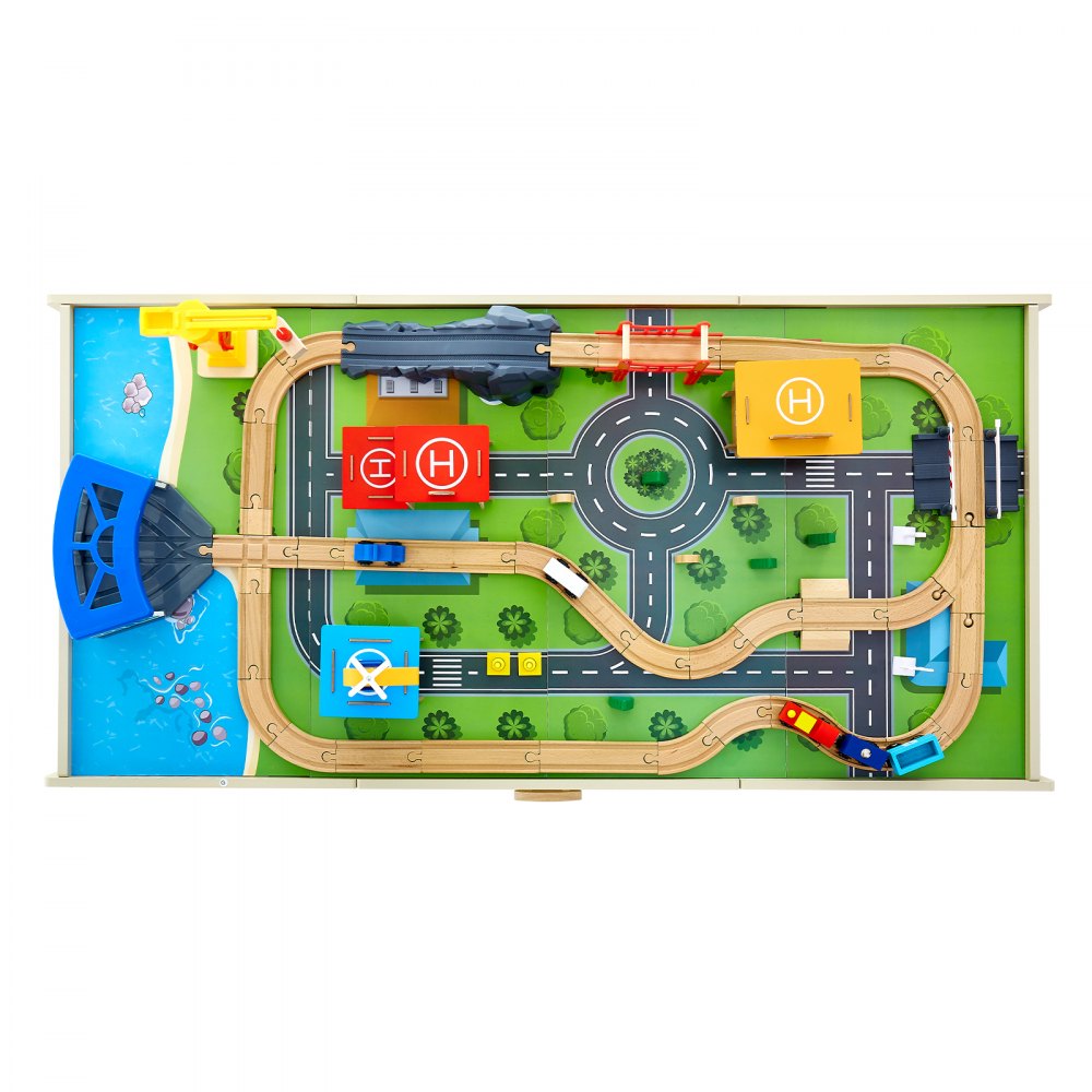 VEVOR Train Table, 62 Multicolor Pieces Wooden Kids Activity Table with Large Storage Drawer, 3-in-1 Wooden Train Set for Playing, Drawing, Reading, Eating, Creative Toy Set for Kids Ages 3+