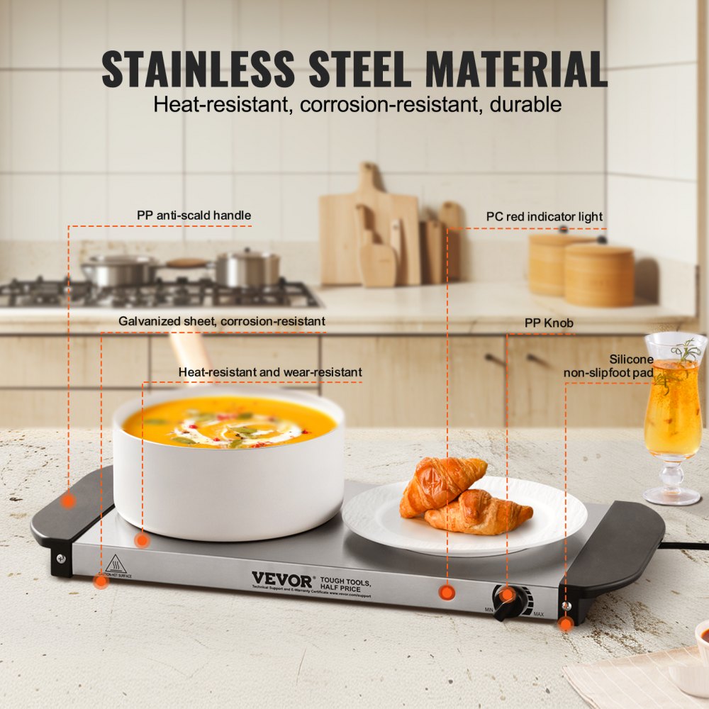 VEVOR Electric Warming Tray, Food Warming Trays for Buffet, Warming Trays with Adjustable Temperature Control, Portable Stainless Steel Food Warmer, Hot Plate Perfect for Parties, Catering, Holidays