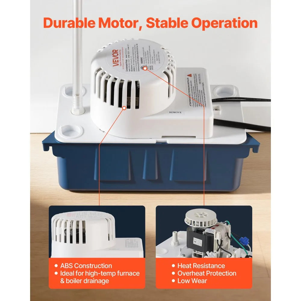 VEVOR Condensate Pump, 1/33 HP, 100 GPH, 22 ft Lift, 115V Automatic Condensation Removal Pump with Safety Switch & 20 ft Tubing, for Air Conditioner, Dehumidifier, HVAC, Furnace, Ice Maker Water Drain