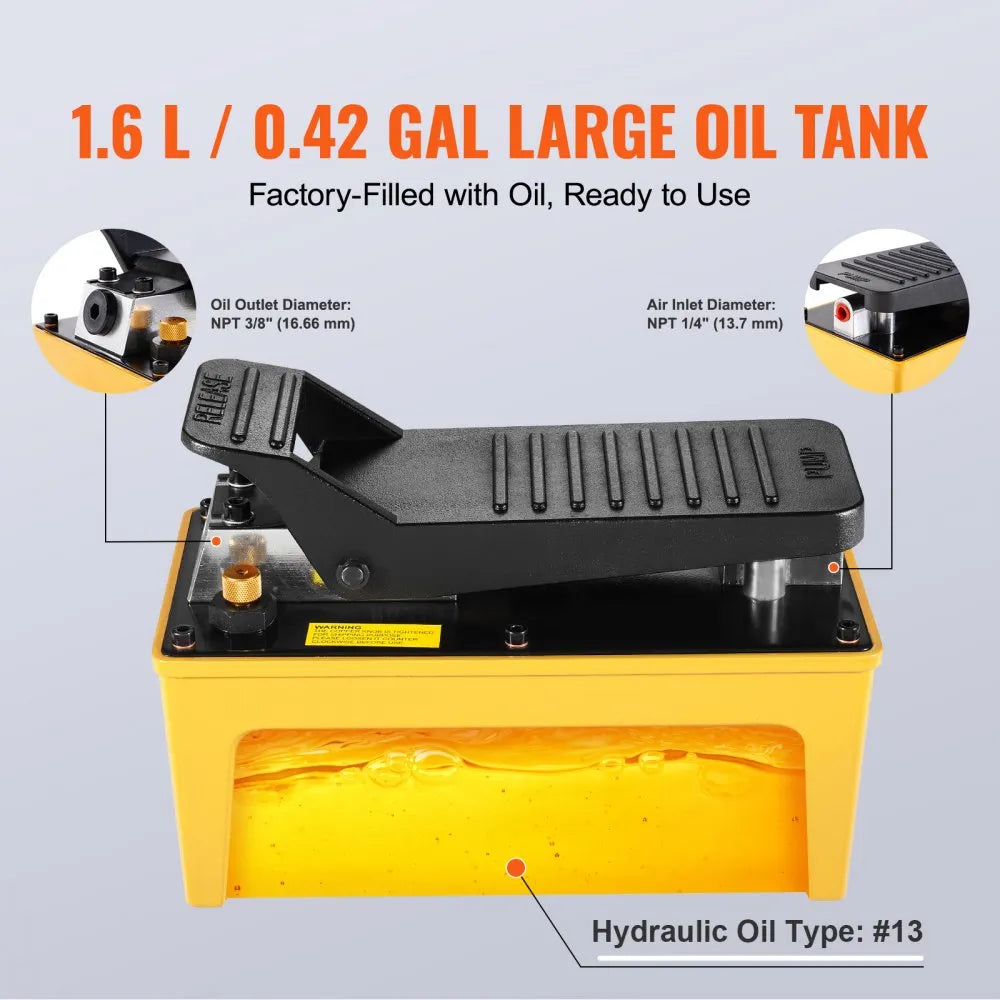 VEVOR 10,000PSI Air Hydraulic Pump, 0.42 Gal Reservoir, NPT 3/8 In Oil Outlet, NPT 1/4 In Inlet, Aluminum Shell Air Actuated Treadle Foot Pump, for Automobile Repair Frame Machine & Hydraulic Press