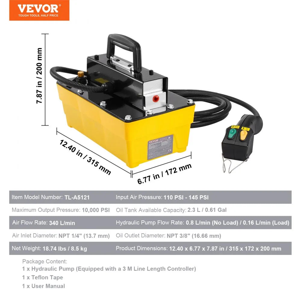 VEVOR 10,000PSI Air Hydraulic Pump, 0.61 Gal Reservoir, NPT 3/8 In Oil Outlet, NPT 1/4 In Inlet, Plastic Air Hydraulic Pump with Remote Control Actuator, for Automobile Frame Machine & Hydraulic Press