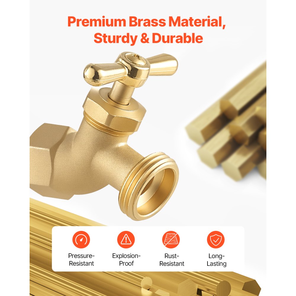 VEVOR Hose Bibb, 1/2" FIP x 3/4" MHT Connection, Multi-Turn Garden Valve, Heavy Duty Brass Hose Bib, Outdoor Water Faucet Spigot, Brass Plumbing Fitting, Compatible with Copper, Galvanized Pipes